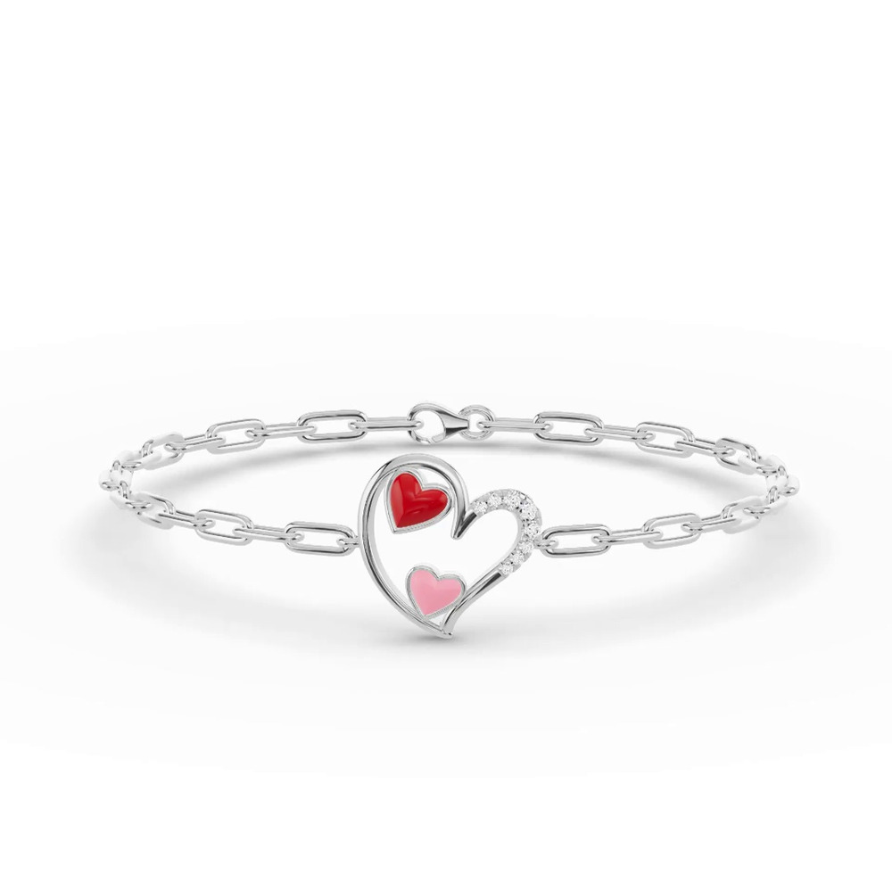 360 degree view of Duet Pavé Heart Silver Bracelet – Red & Pink