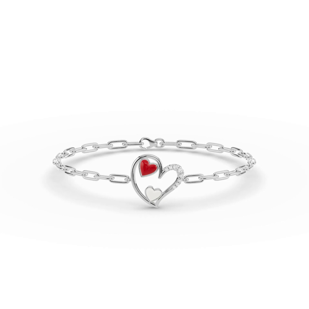 360 degree view of Duet Pavé Heart Silver Bracelet – Red & White
