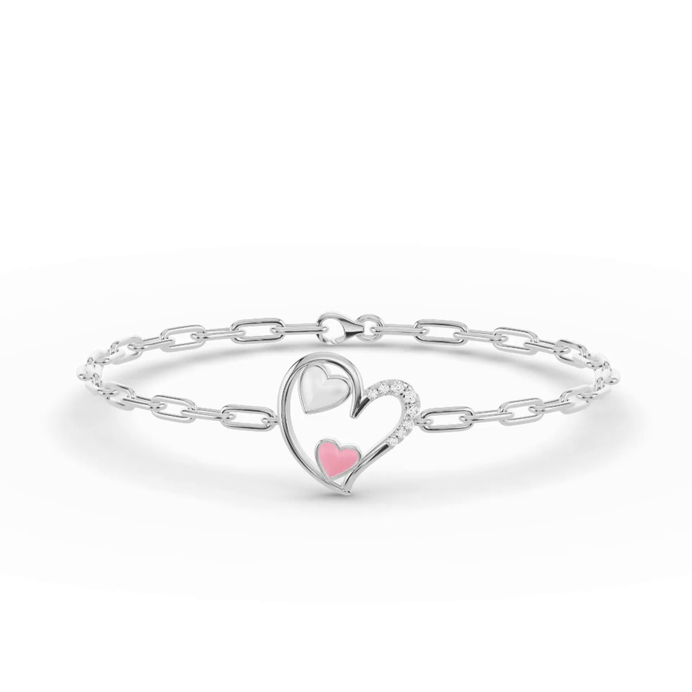 360 degree view of Duet Pavé Heart Silver Bracelet – White & Pink