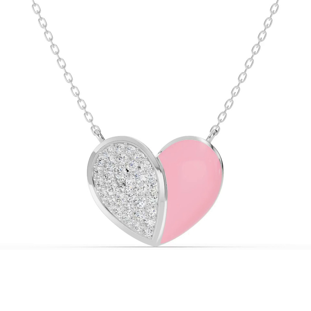 360 degree view of Amara Pink Ceramic Pavé Heart Silver Necklace