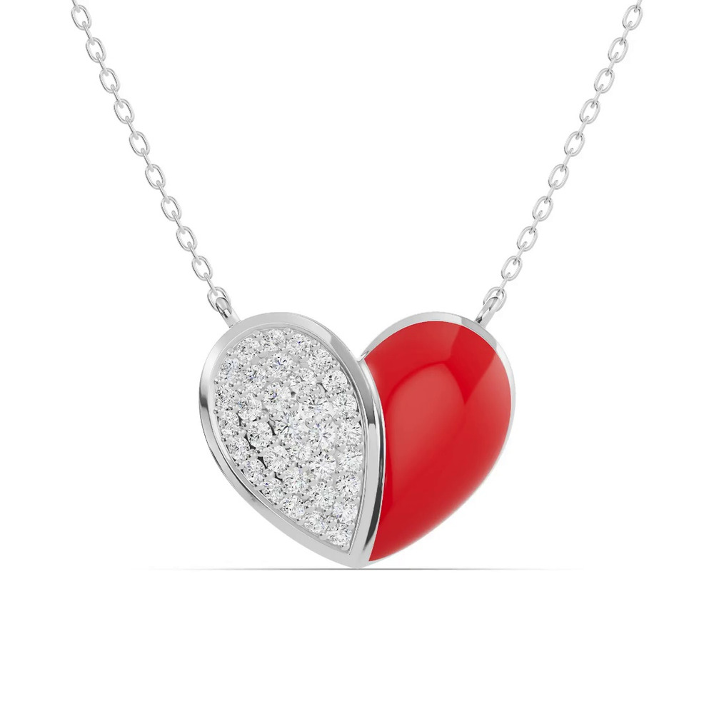 360 degree view of Amara Red Ceramic Lab Pavé Heart Silver Necklace
