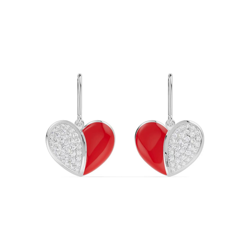 360 degree view of Amara Red Ceramic Lab Pavé Heart Silver Earrings