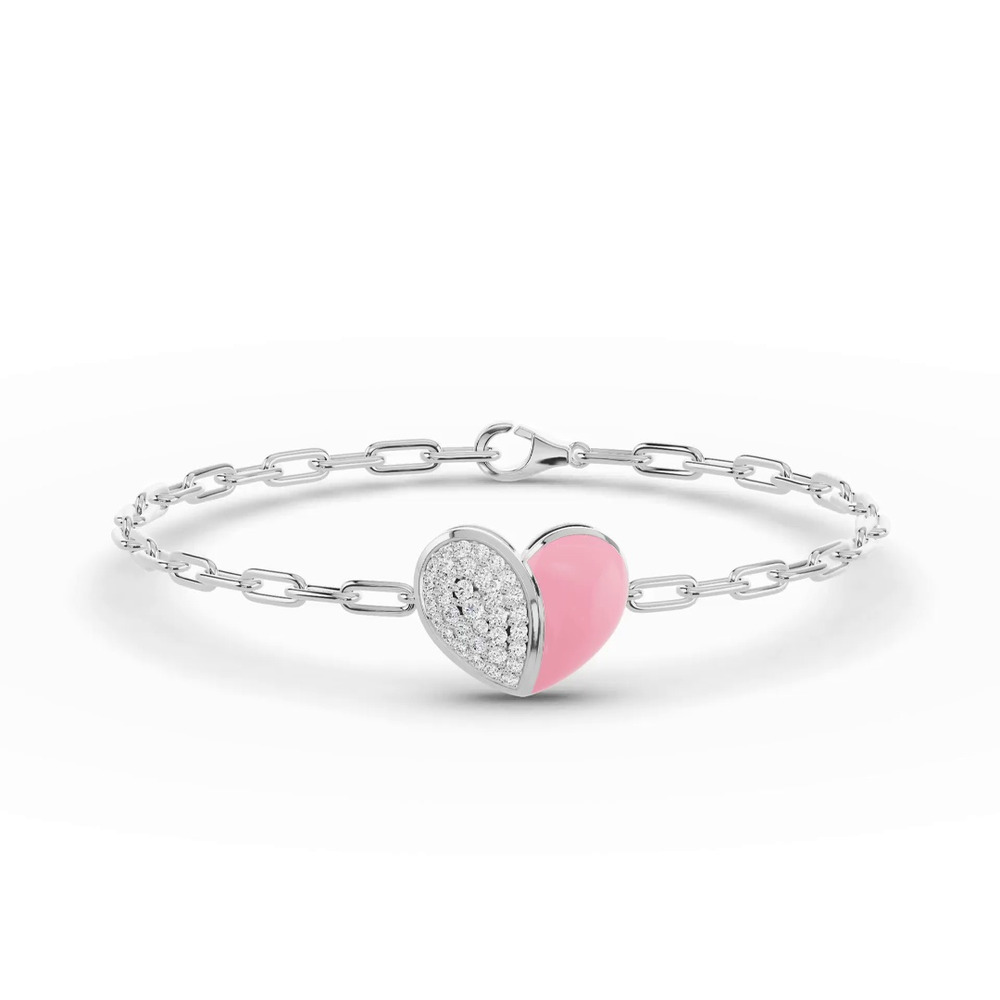 360 degree view of Amara Pink Ceramic Pavé Heart Silver Bracelet