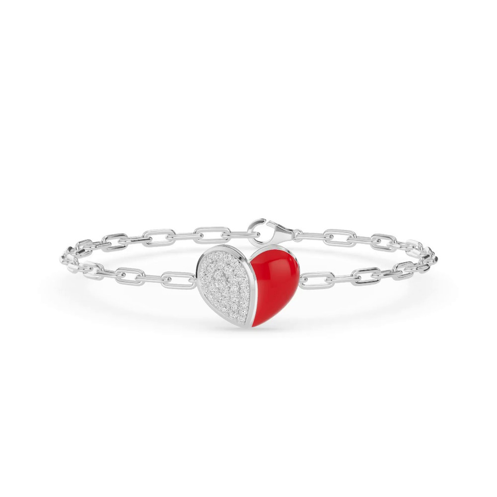 360 degree view of Amara Red Ceramic Pavé Heart Silver Bracelet