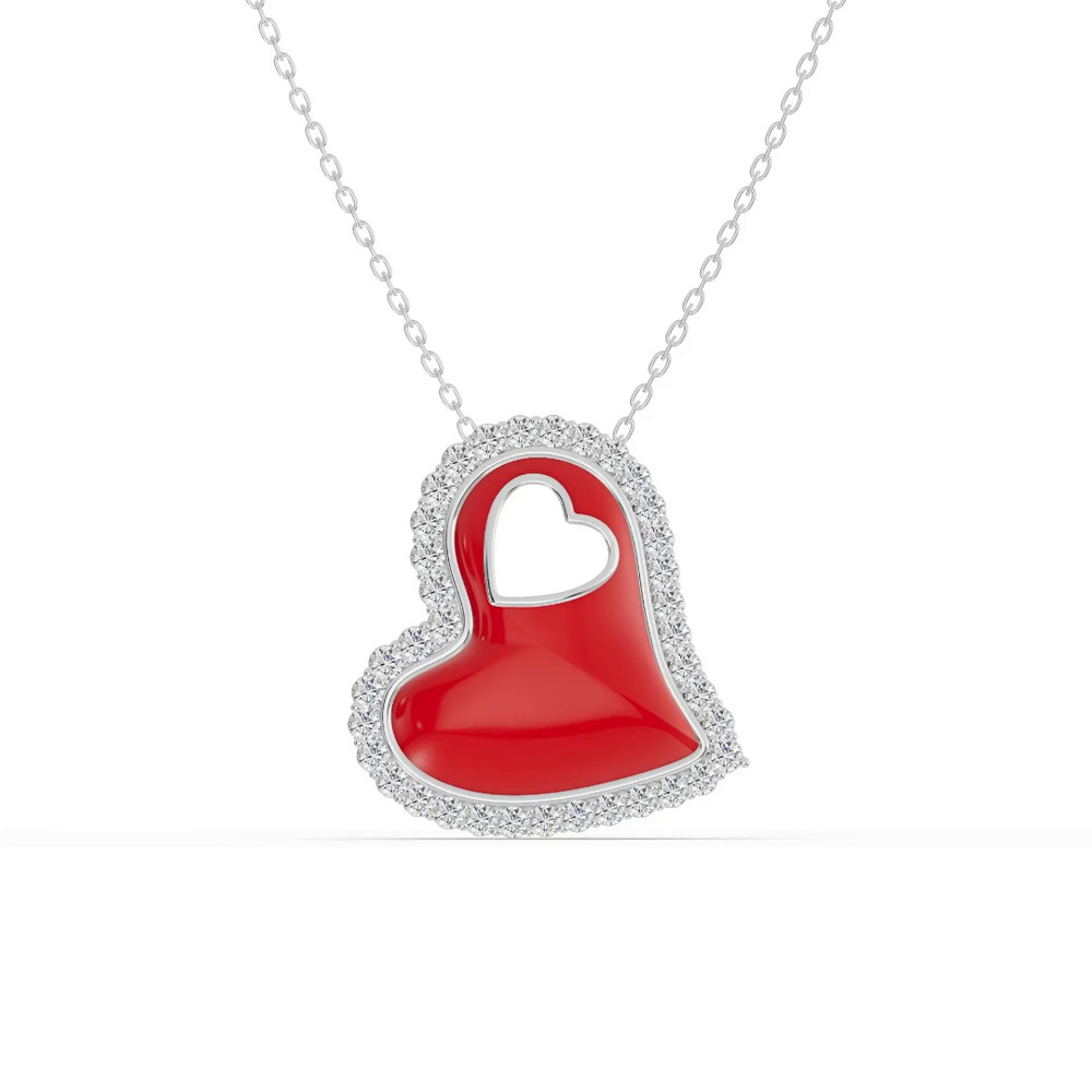 360 degree view of Cherish Red Lab Pavé Heart Silver Necklace