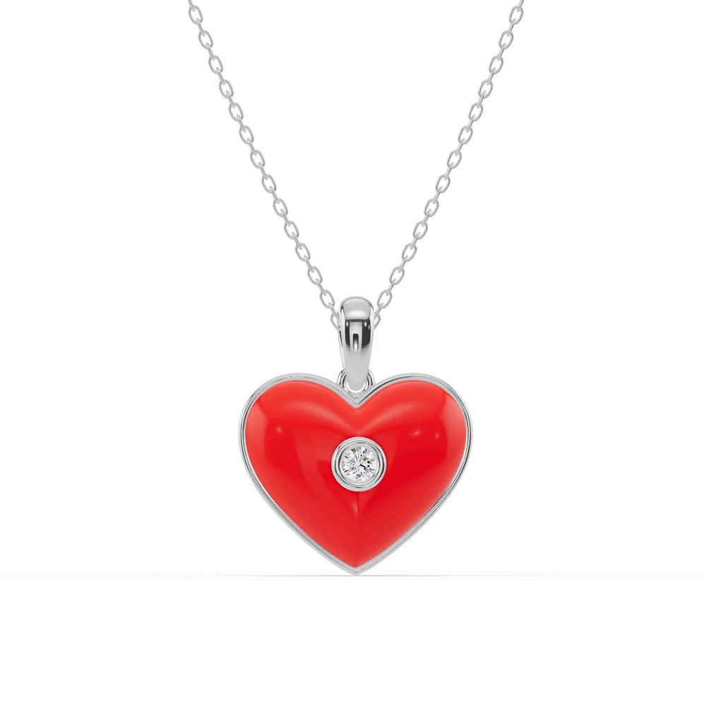 360 degree view of Devotion Red Heart Bezel Diamond Silver Necklace