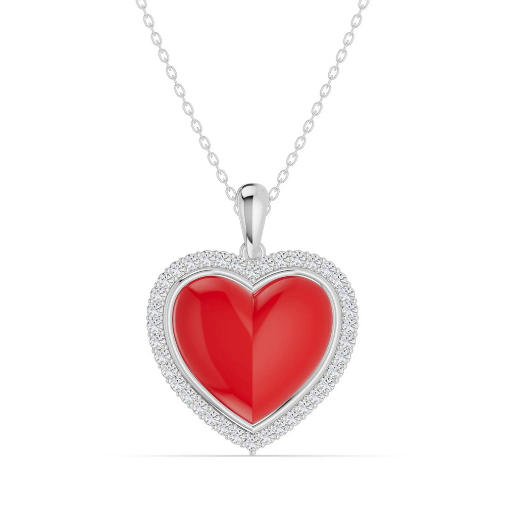 360 degree view of Forever Red Heart Halo Diamond Silver Necklace