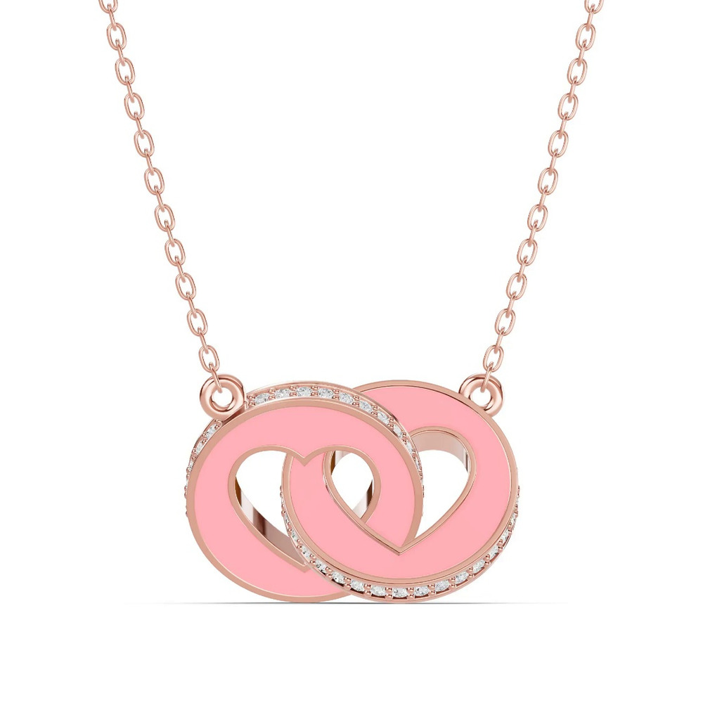 360 degree view of Pink Ceramic Interlocking Hearts Lab Pavé Necklace