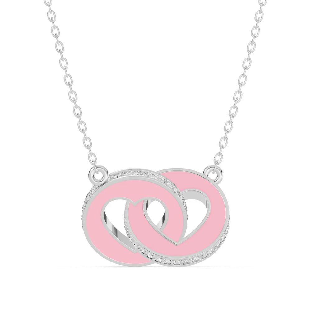 360 degree view of Pink Ceramic Interlocking Hearts Pavé Silver Necklace