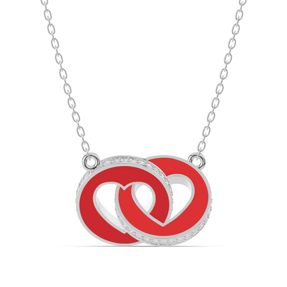 360 degree view of Red Ceramic Interlocking Hearts Lab Pavé Necklace