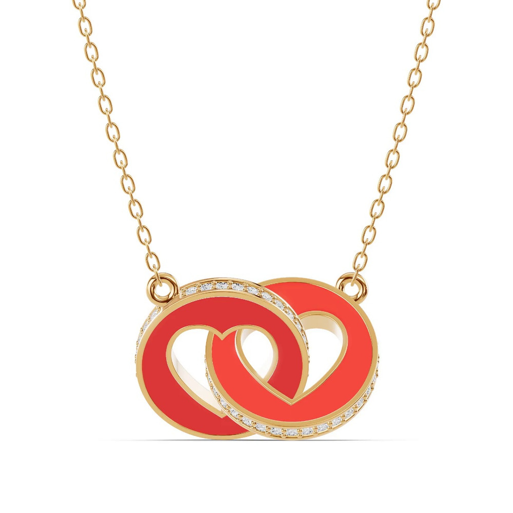 360 degree view of Red Ceramic Interlocking Hearts Pavé Necklace