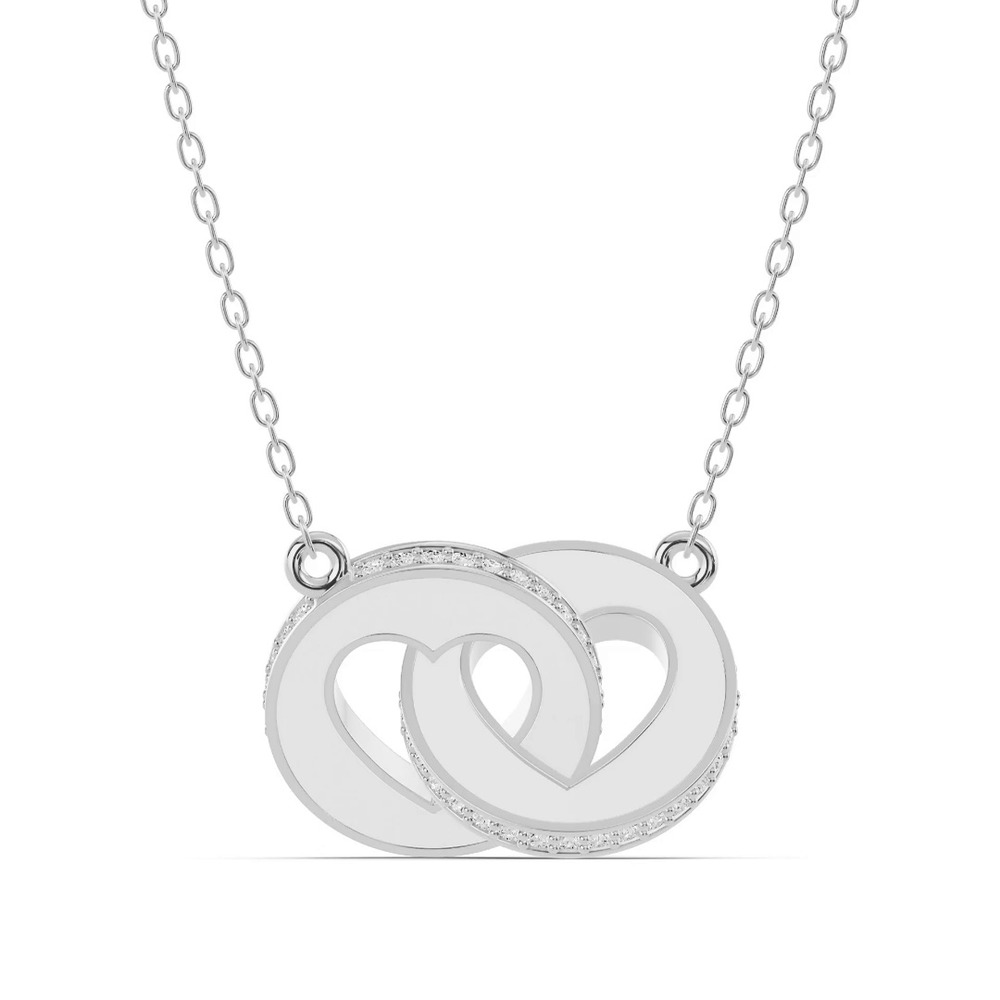 360 degree view of White Ceramic Interlocking Hearts Pavé Silver Necklace