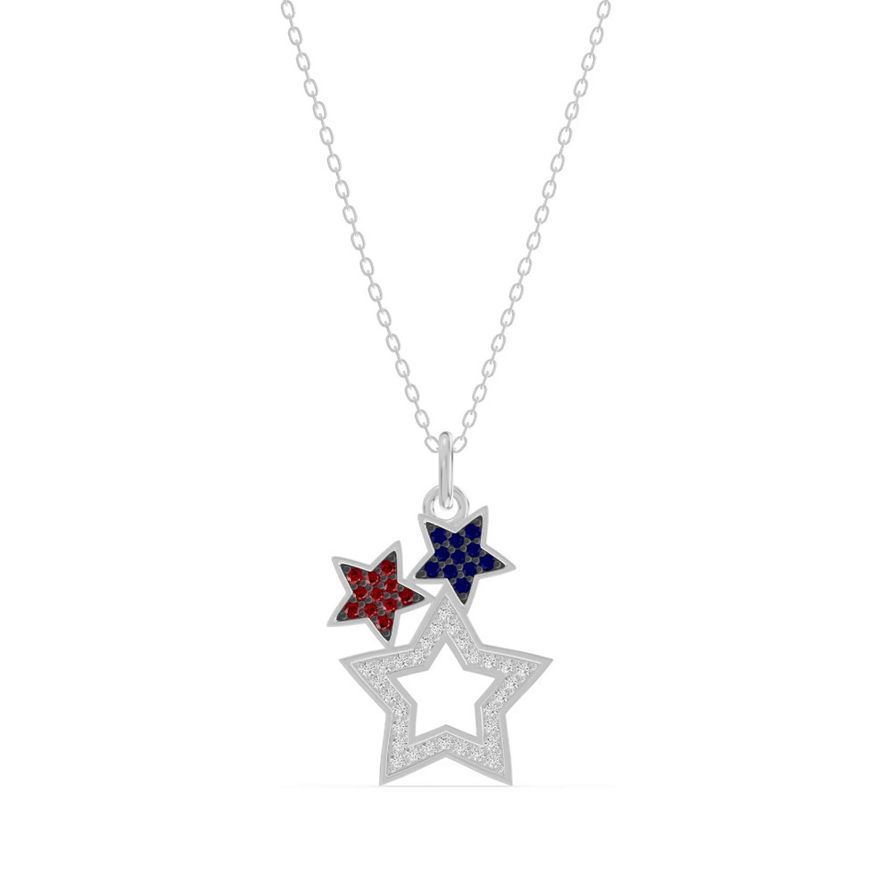 360 degree view of Triple Star Pavé Diamond Silver Necklace