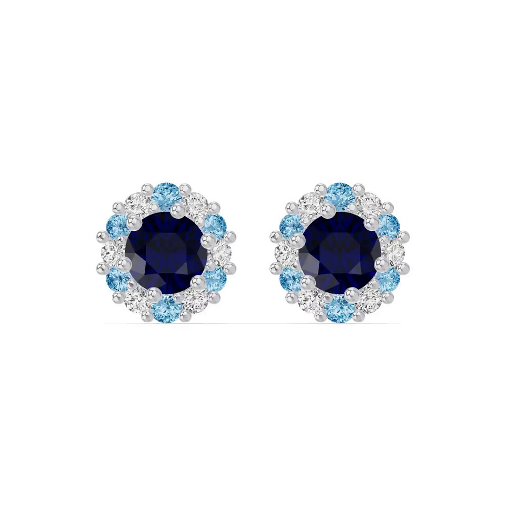 360 degree view of Midnight Frost Sapphire Halo Lab Stud Earrings