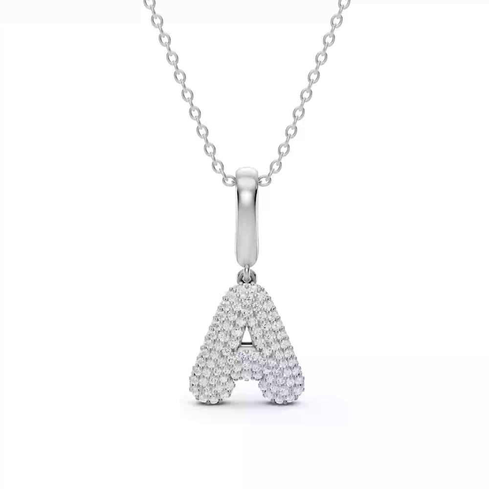 360 degree view of Bubble Pavé Diamond Initial Silver Necklace - A