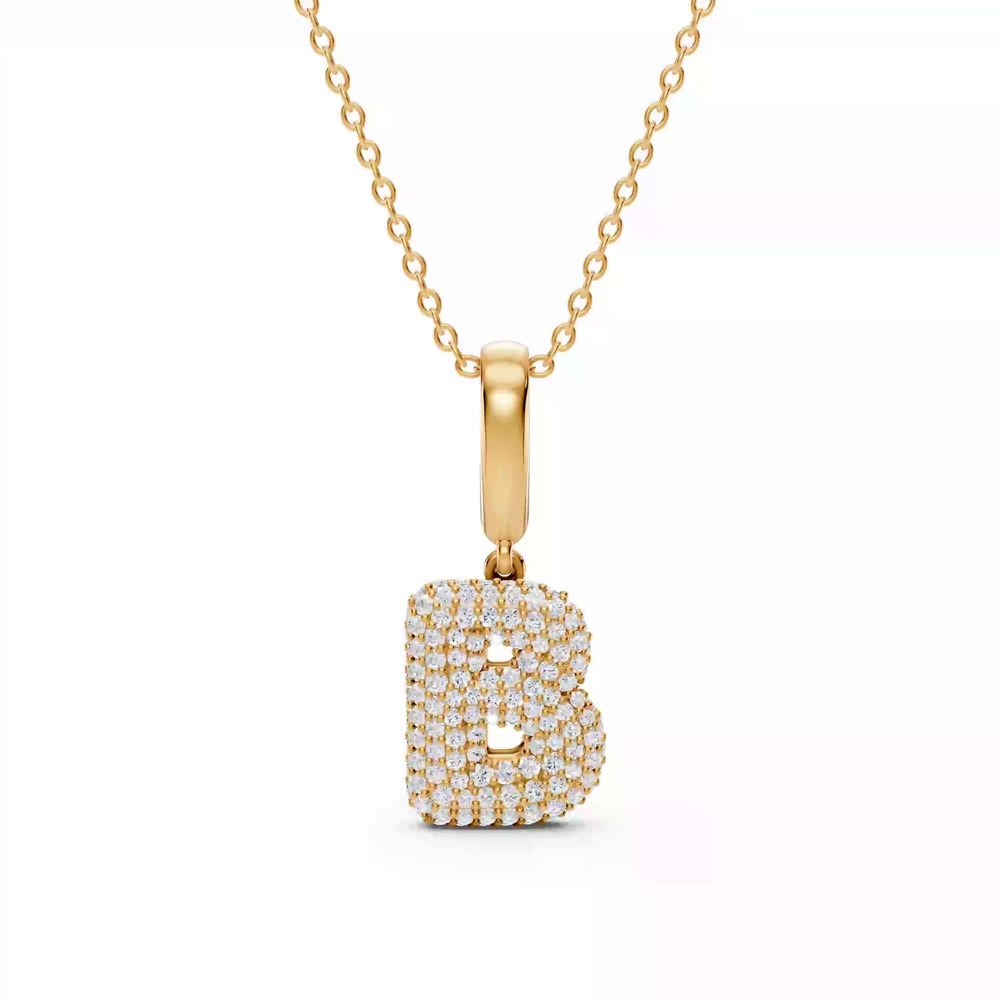 360 degree view of Bubble Pavé Diamond Initial Necklace - B