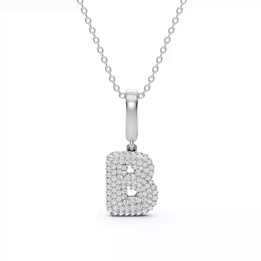 360 degree view of Bubble Pavé Diamond Initial Silver Necklace - B