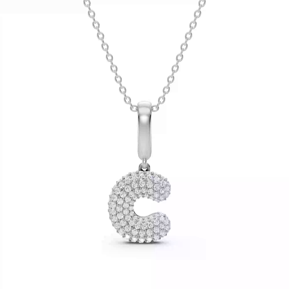 360 degree view of Bubble Pavé Diamond Initial Necklace - C