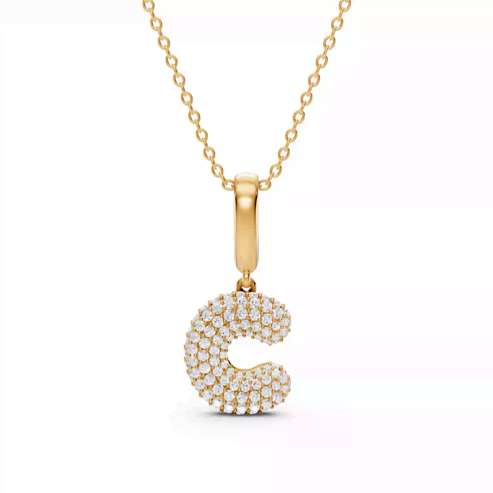 360 degree view of Bubble Pavé Lab Diamond Initial Necklace - C