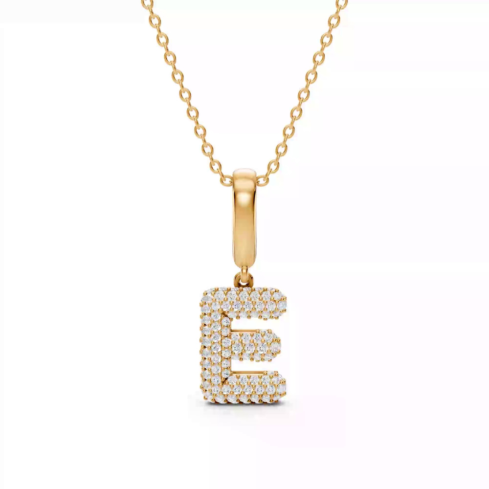 360 degree view of Bubble Pavé Diamond Initial Necklace - E