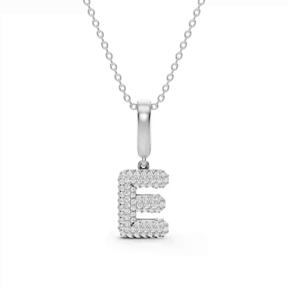 360 degree view of Bubble Pavé Lab Diamond Initial Silver Necklace - E