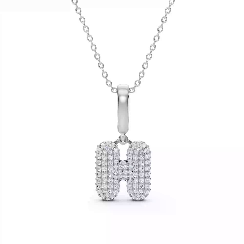 360 degree view of Bubble Pavé Lab Diamond Initial Silver Necklace - H