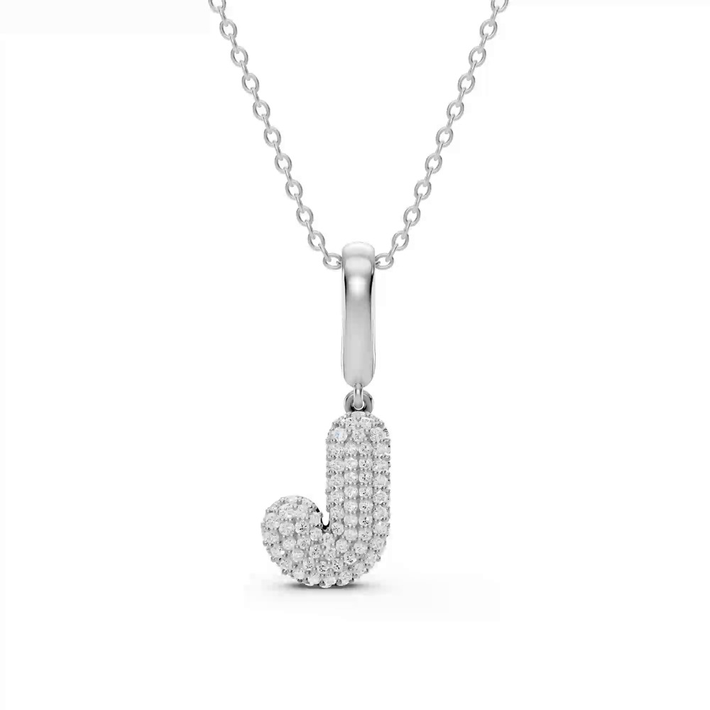 360 degree view of Bubble Pavé Lab Diamond Initial Silver Necklace - J