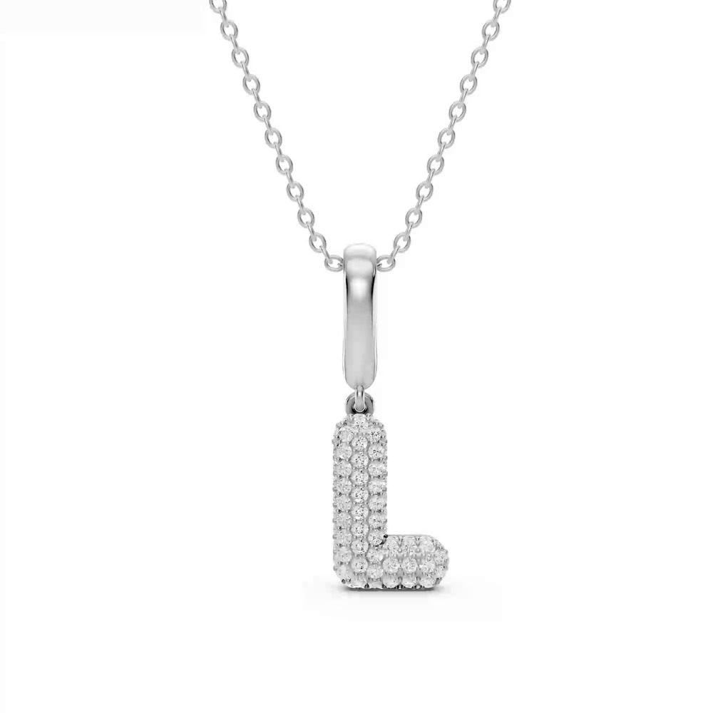 360 degree view of Bubble Pavé Lab Diamond Initial Silver Necklace - L