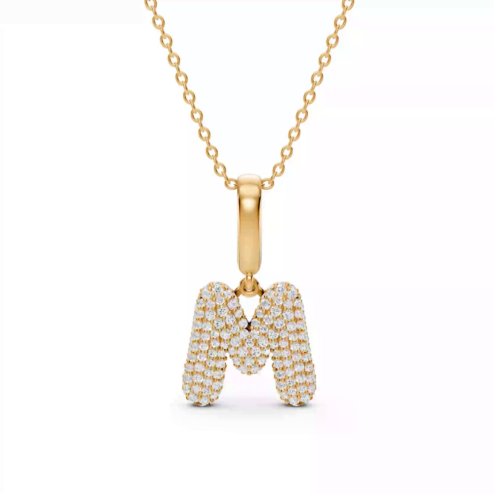 360 degree view of Bubble Pavé Diamond Initial Necklace - M
