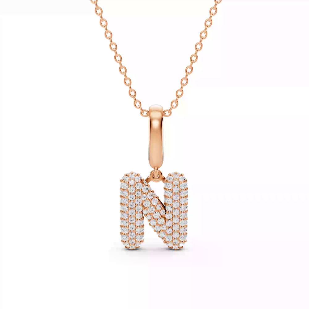360 degree view of Bubble Pavé Diamond Initial Necklace - N