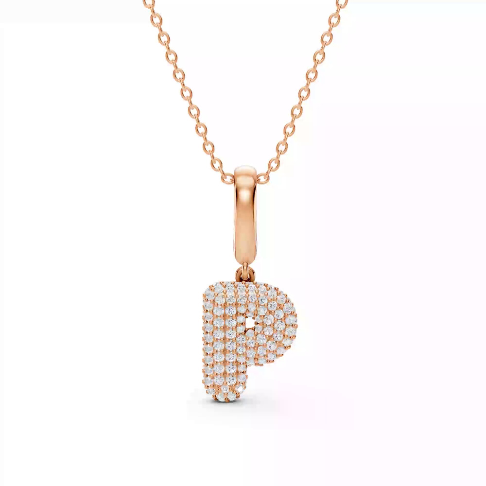 360 degree view of Bubble Pavé Lab Diamond Initial Necklace - P