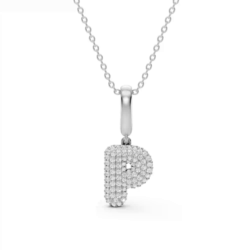 360 degree view of Bubble Pavé Lab Diamond Initial Silver Necklace - P