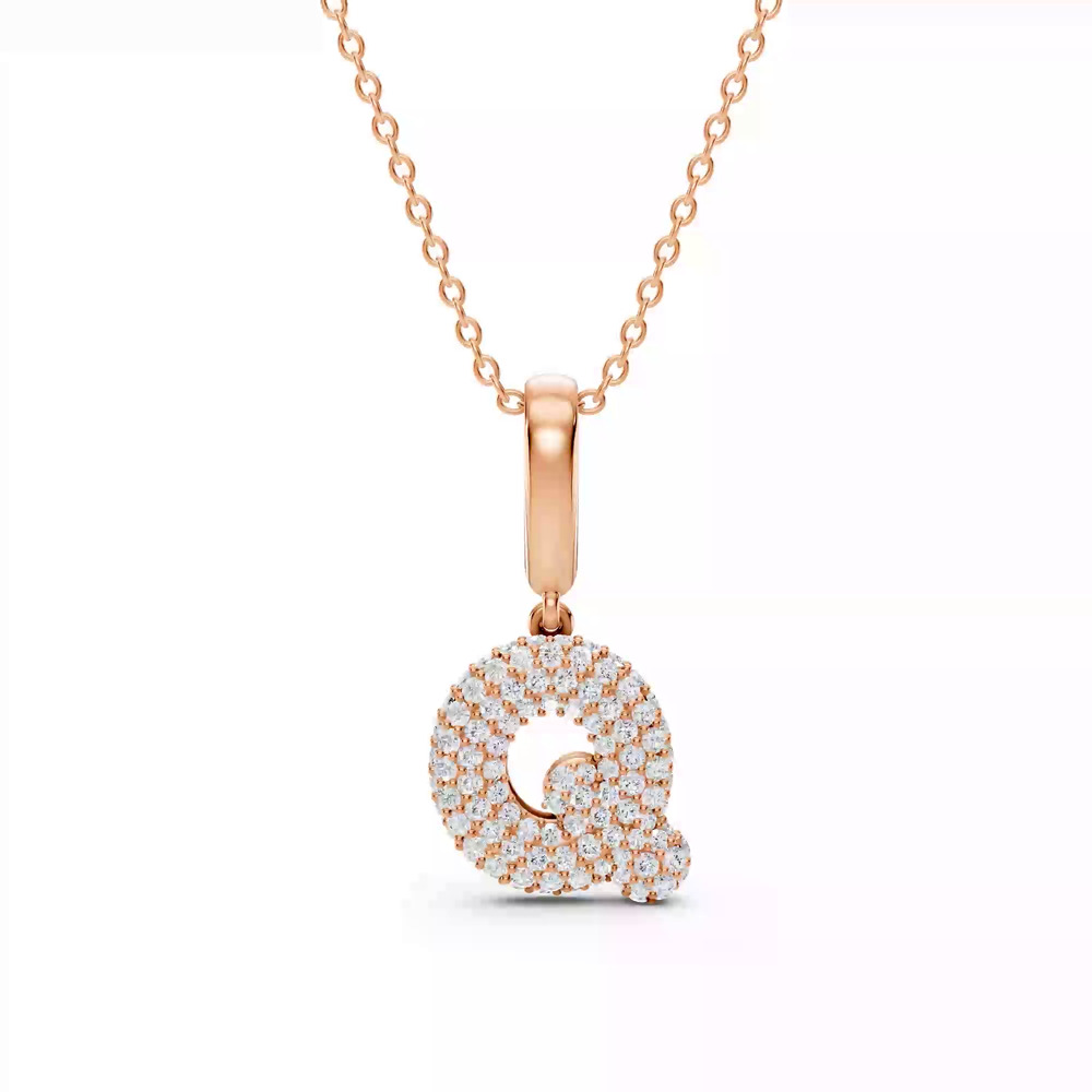 360 degree view of Bubble Pavé Diamond Initial Necklace - Q