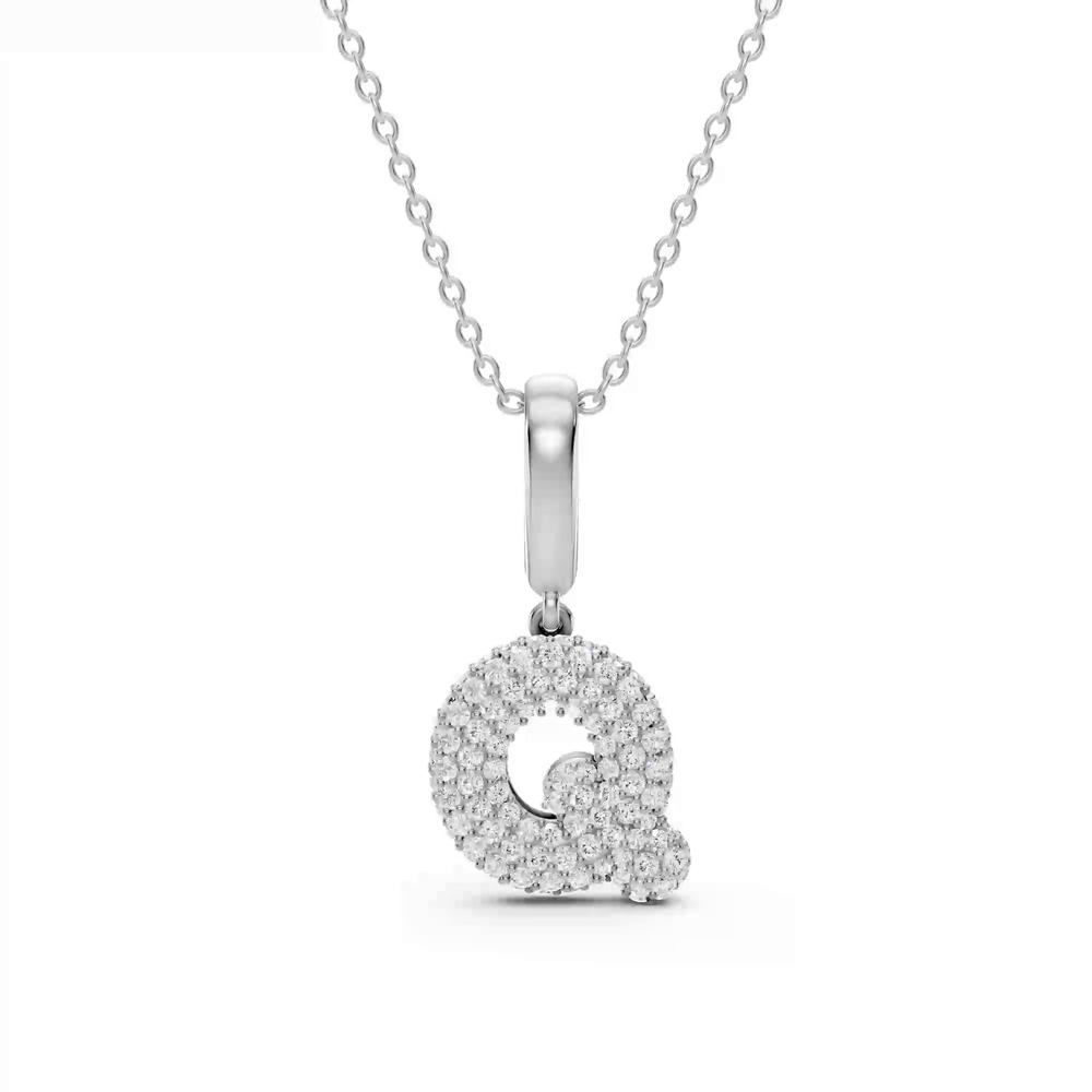 360 degree view of Bubble Pavé Diamond Initial Silver Necklace - Q