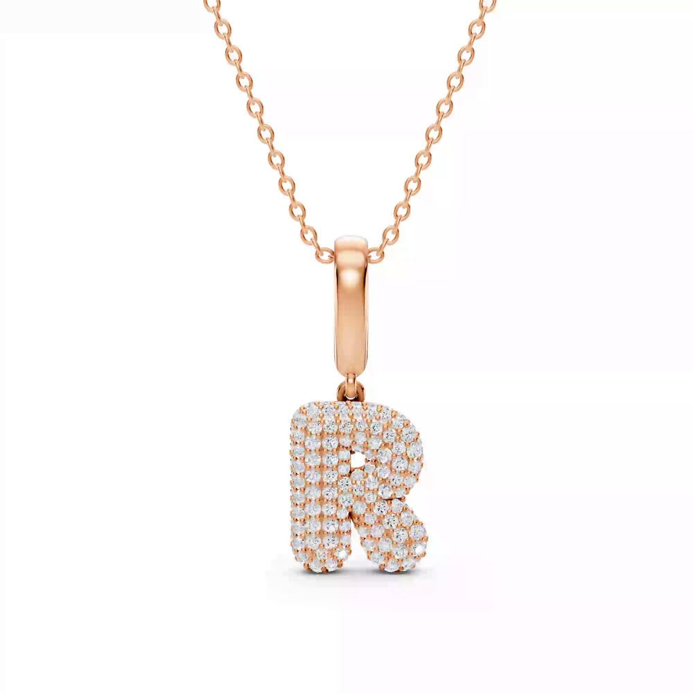 360 degree view of Bubble Pavé Diamond Initial Necklace - R