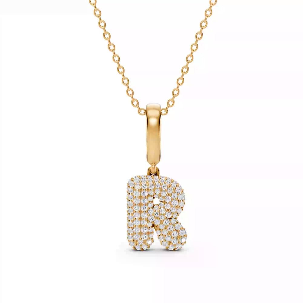 360 degree view of Bubble Pavé Diamond Initial Necklace - R