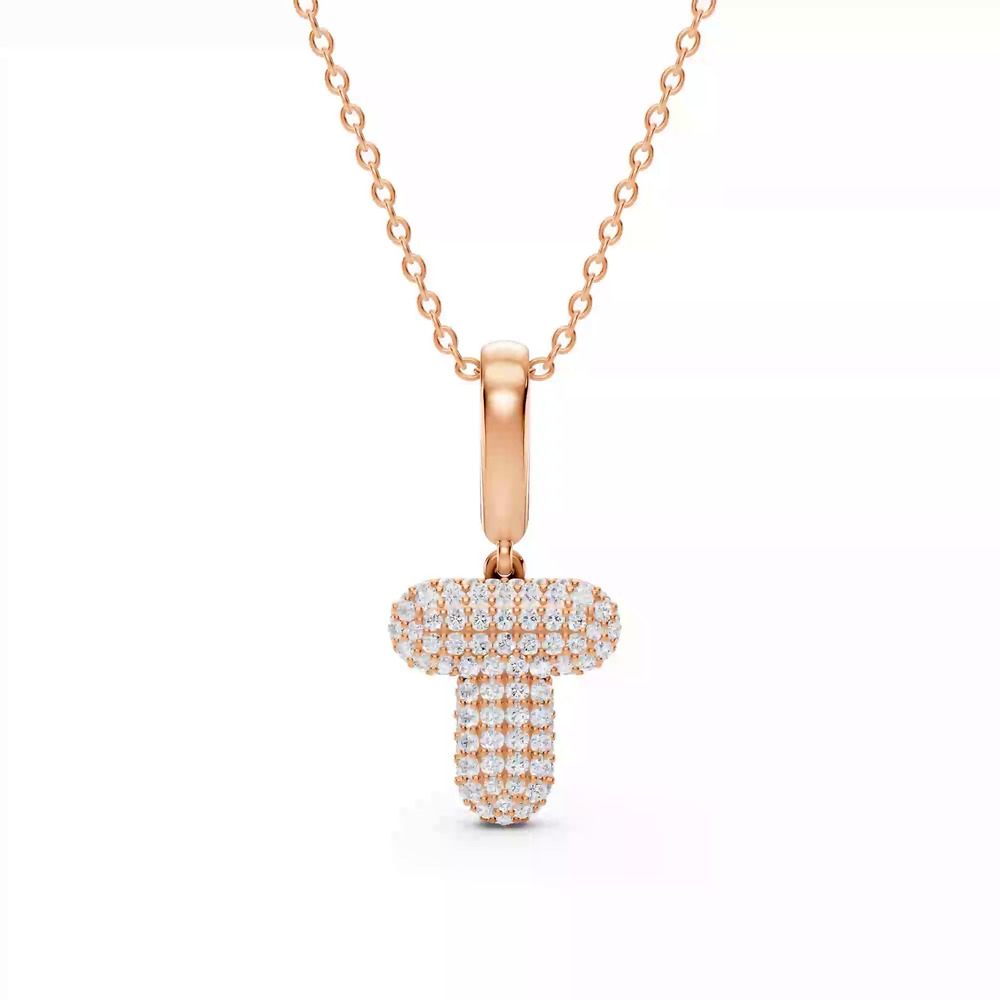 360 degree view of Bubble Pavé Diamond Initial Necklace - T