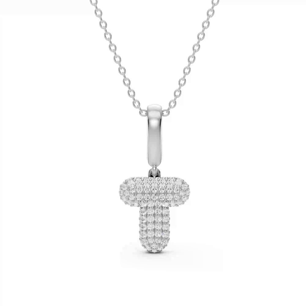 360 degree view of Bubble Pavé Lab Diamond Initial Silver Necklace - T