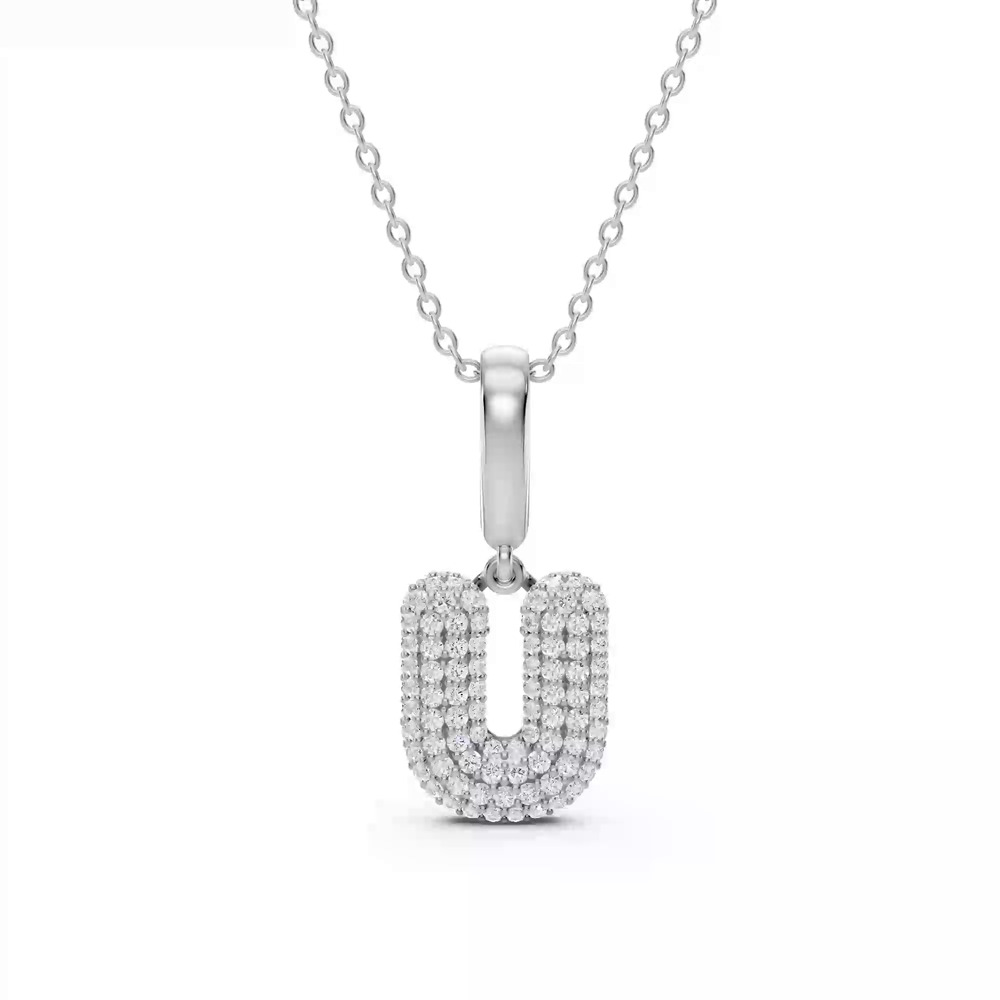 360 degree view of Bubble Pavé Lab Diamond Initial Silver Necklace - U
