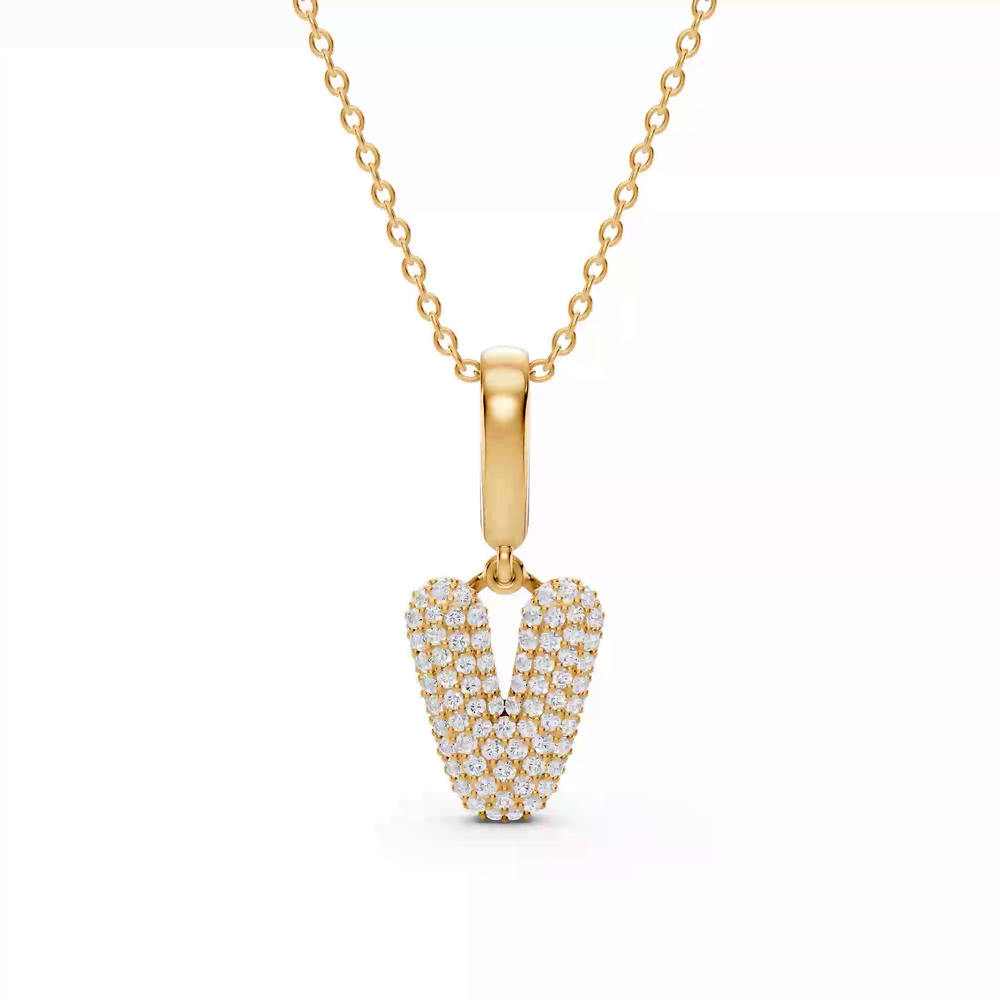 360 degree view of Bubble Pavé Diamond Initial Necklace - V
