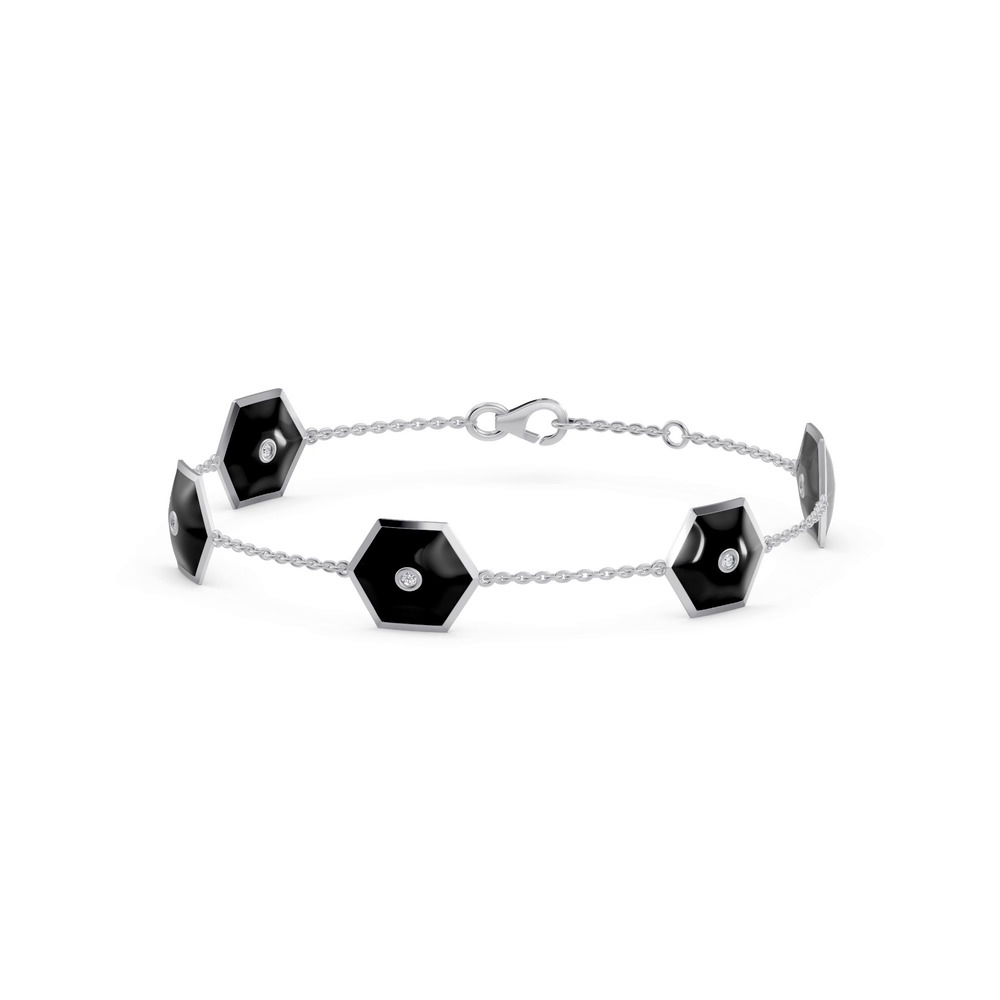 360 degree view of Black Ceramic Hexagon Diamond Station Bracelet