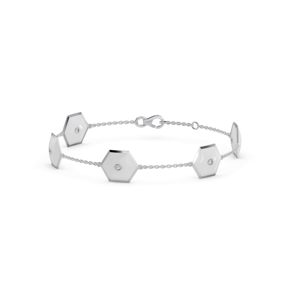 360 degree view of White Ceramic Hexagon Lab Diamond Station Bracelet
