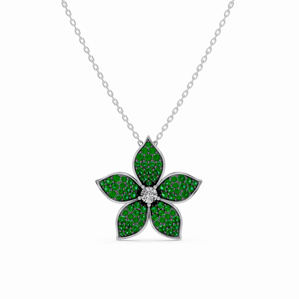 360 degree view of Fleur Pavé Lab Emerald Necklace